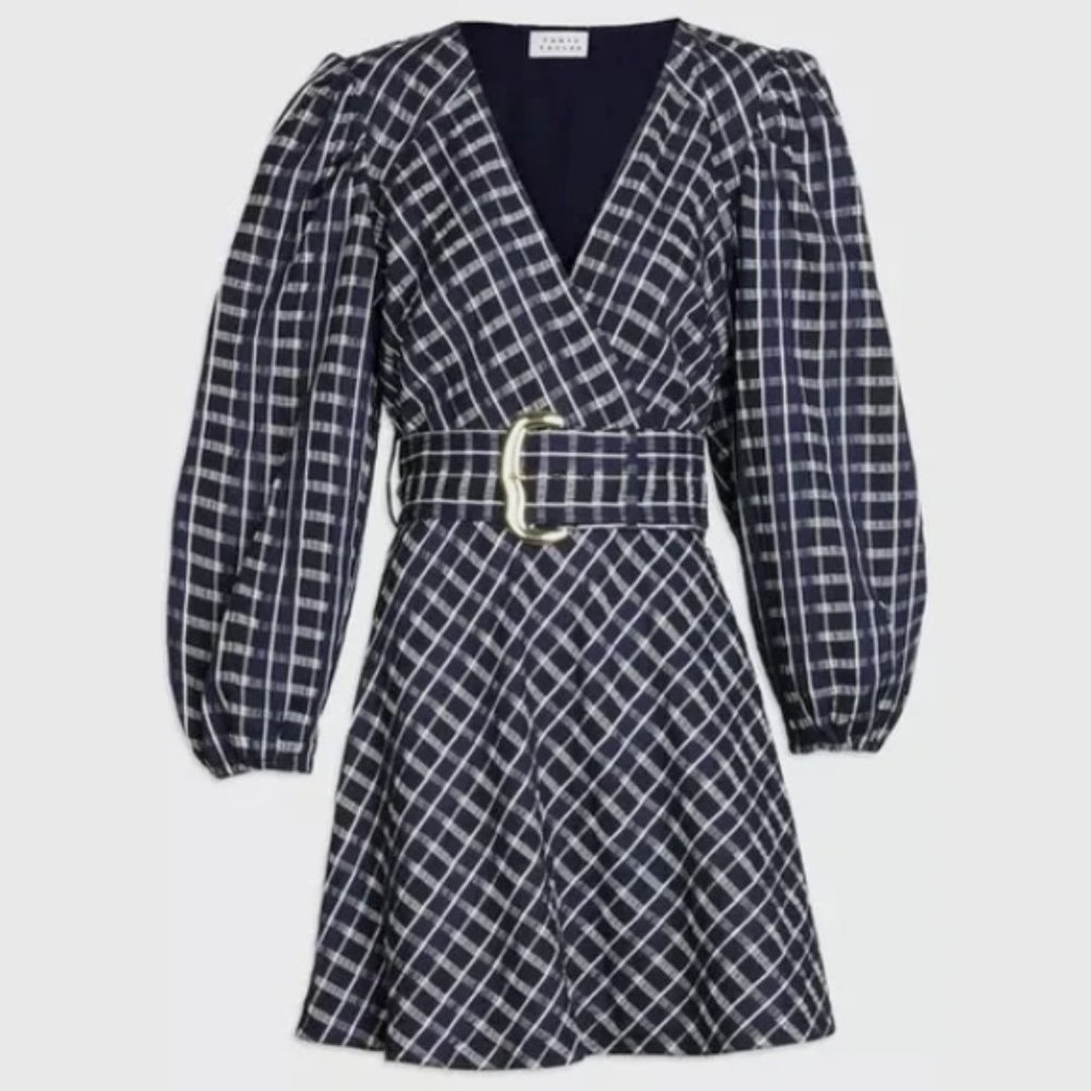 NICOLA PUFF-SLEEVE BELTED CHECK MINI DRESS IN MARITIME BLUE